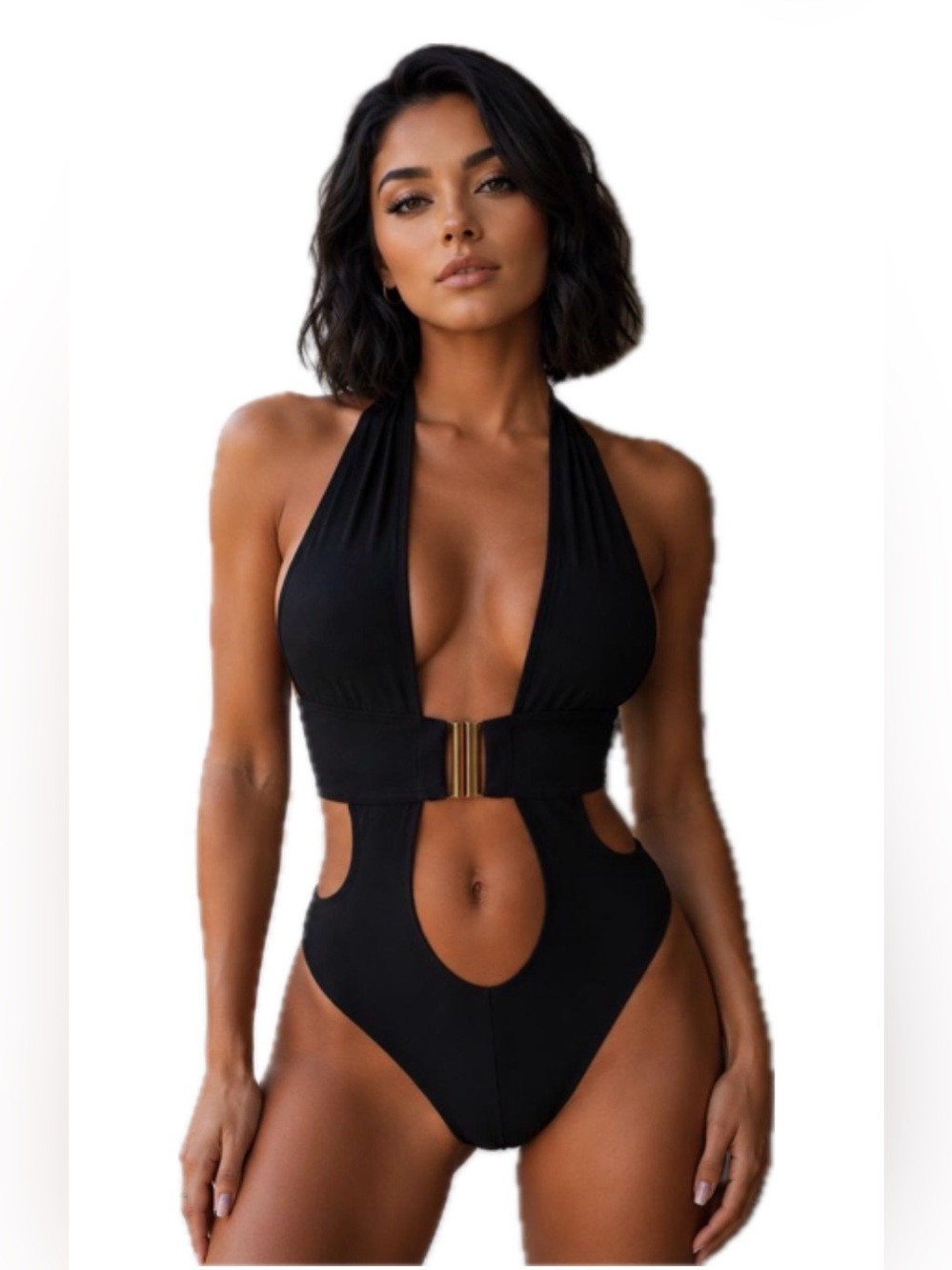 Women’s Black Cut-Out One-Piece Swimsuit with Gold Accent